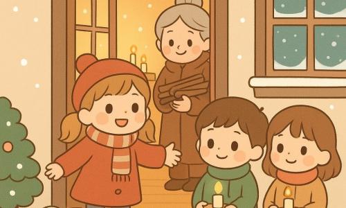 Une fillette de 6 ans aux couettes châtain clair, visage rond et sourire chaleureux, ouvre grande la porte d’un salon de Noël lumineux pour inviter voisins et amis ; près d’elle, un vieux chien Noisette au pelage blanc cassé remue la queue, Mademoiselle Adèle (≈75 ans, cheveux gris en chignon, manteau brun) tient un fagot de bois derrière elle, et deux enfants (Arthur ≈8 ans et Lila ≈7 ans) tiennent chacun une bougie et un panier de friandises sur le trottoir enneigé. La scène montre l’intérieur chaleureux par la porte ouverte — lumière dorée, bougies, sapin décoré, fenêtre givrée et neige qui tombe — ambiance tendre et lumineuse, palette rouge, doré et vert sapin, style kawaii minimal à traits simples et textures douces.