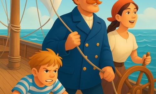 Le capitaine Malo, moustache rousse touffue et veste bleu marine à boutons dorés, se tient debout sur le pont du Vent Joyeux, tenant la corde du loch et regardant l’horizon; Filou, environ 12 ans, cheveux blonds en bataille, chemise rayée et pantalon retroussé, est accroupi à la poupe en train de dérouler la corde; Lili, environ 14 ans, cheveux bruns en tresse et foulard rouge, tient la barre en chantant, sûre d’elle. Le pont aux planches patinées, cordages enroulés et voiles blanches gonflées est éclaboussé par la mer bleu-vert aux reflets argentés, quelques mouettes en vol bas; l’équipage mesure la vitesse du bateau en lançant le loch et en comptant les nœuds, joyeux et concentré.