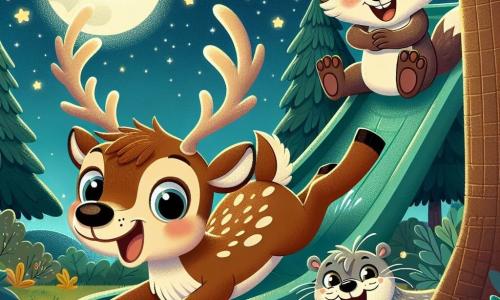 Un renne nommé Rémi glisse joyeusement sur un toboggan fait de feuilles et de branches, son visage rayonnant de bonheur. À côté, Lili la loutre rit en attendant son tour, tandis que Billy le blaireau applaudit depuis le sommet. La scène se déroule dans une clairière enchantée, entourée d'arbres majestueux et d'un ciel étoilé. Les trois amis s'amusent ensemble, créant des souvenirs inoubliables.