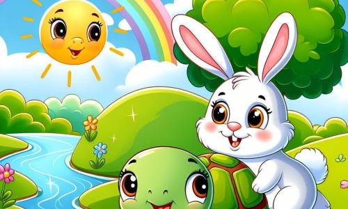 Une tortue nommée Tilly, avec une carapace verte et des yeux curieux, grimpe sur une colline ensoleillée, souriante. À ses côtés, un lapin aux grandes oreilles blanches et au pelage doux l'encourage joyeusement en sautillant. En arrière-plan, un arbre feuillu et un ruisseau scintillant, entourés de fleurs colorées, créent une atmosphère paisible. Tilly et le lapin admirent ensemble un arc-en-ciel dans le ciel bleu, émerveillés par la beauté du paysage.