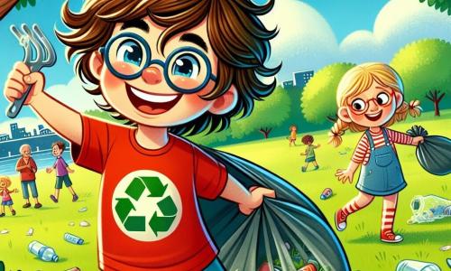 Un garçon de 8 ans, Lucas, avec des cheveux bruns en désordre et des yeux pétillants, ramasse des déchets dans un parc ensoleillé. Il porte un t-shirt rouge avec un super-héros et un short bleu, affichant un grand sourire. À ses côtés, sa meilleure amie Emma, également âgée de 8 ans, avec des cheveux blonds tressés et des lunettes rondes, tient un sac poubelle rempli de déchets, affichant un air déterminé. Le parc est verdoyant, avec des arbres majestueux, des fleurs colorées et des oiseaux chantant. Des enfants jouent en arrière-plan, tandis que des adultes les regardent avec admiration. La scène illustre leur mission de rendre le parc plus propre et plus beau.