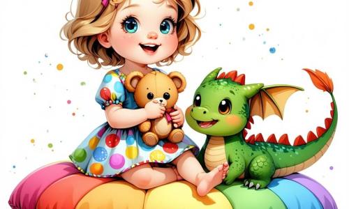 Zoé, une petite fille de 1 an aux boucles dorées, est assise sur un coussin en mousse coloré, souriante. Elle porte une robe à pois multicolores et tient son ours en peluche, Nono. Drago, un petit dragon vert de la taille d'un chat, vole joyeusement autour d'elle, ses écailles scintillant au soleil. La scène se déroule dans un monde magique avec des arbres aux troncs rayés et des fleurs musicales. Le sol est recouvert de gelée verte, et des papillons multicolores dansent dans l'air. Zoé et Drago cherchent un trésor caché, riant ensemble en grimpant sur une montagne de coussins en mousse, impatients de découvrir une boîte de biscuits en forme d'étoiles.