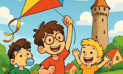 Il y a trois personnages : Max, un garçon de 8 ans avec des lunettes rondes, des cheveux châtains en bataille et un t-shirt rouge, tenant un cerf-volant géant avec un grand sourire ; Léo, également âgé de 8 ans, rapide, avec des cheveux blonds en brosse et un short bleu, courant à côté de Max avec les bras levés ; et Jules, un garçon de 8 ans avec des cheveux bruns et des lunettes de soleil sur le front, portant un t-shirt vert, regardant le cerf-volant en mâchant un chewing-gum. L'action se déroule dans le parc de Tourneboule, un endroit ensoleillé avec des maisons colorées en arrière-plan et des fleurs multicolores. Les trois amis font voler leur cerf-volant qui s'élève dans le ciel, riant et s'encourageant, tandis qu'il esquive une girouette en forme de coq au sommet de la Grande Tour de Tourneboule, créant une scène pleine d'énergie.