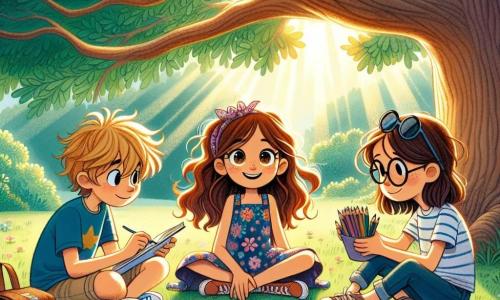 Il y a trois personnages principaux : Clara, une fille de 10 ans à longs cheveux bruns, portant une robe colorée et tenant un album de dessins ; Lucas, un garçon de 10 ans avec des cheveux blonds en bataille et des lunettes rondes, vêtu d’un t-shirt bleu et d’un short beige, souriant avec une boîte de crayons de couleur ; et Emma, une fille de 10 ans avec des cheveux châtains et des lunettes de soleil, portant une blouse à pois et un jean, assise sur l’herbe, prête à écouter Clara. Ils sont dans un parc verdoyant sous un grand chêne, entourés de fleurs sauvages et de rayons de soleil. Clara dessine des souvenirs de son grand-père, tandis que Lucas et Emma l’écoutent, partageant rires et histoires, illustrant l’amitié et le pouvoir des souvenirs face à la perte.