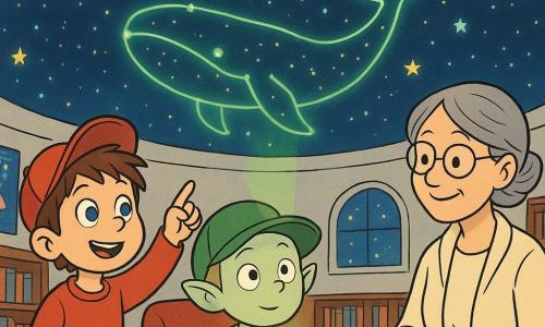 Dans un dôme stellaire de bibliothèque cosy aux voûtes blanches et plafonds projetant des étoiles colorées, Noé, garçon de 5 ans aux cheveux bruns en bataille et casquette rouge, debout à gauche, sourit et montre une constellation; Milo, extraterrestre de 5 ans à la peau vert pâle et casquette verte trop grande, assis au centre, tient un traducteur lumineux qui envoie un rayon vert modifiant la projection; Madame Lune, bibliothécaire d'âge moyen aux cheveux gris en chignon et tenue crème, à droite derrière une tablette, appuie calmement sur un bouton tactile; les étoiles se réorganisent en une constellation en forme de baleine lumineuse, les lumières clignotent doucement et tous ont une expression émerveillée.