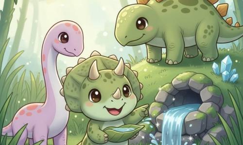 Théo, un jeune tricératops vert clair tacheté de brun au visage rond, tient une grande feuille d'eau scintillante et sourit ; Luna, une diplodocus lavande au long cou, boit émerveillée juste derrière lui, tandis qu'Argo, un sage stégosaure aux larges plaques dorées, pointe vers la petite grotte moussue d'où jaillit une source magique sur le sommet d'une colline d'émeraude couverte de cristaux, dans une atmosphère pastel lumineuse et joyeuse.