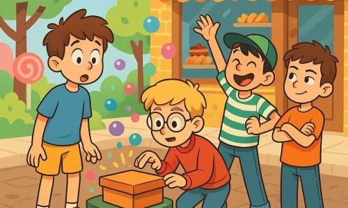 Quatre enfants se tiennent devant une boulangerie colorée. Arthur, 10 ans, a des cheveux bruns en bataille et porte un t-shirt bleu et un short jaune ; il est surpris devant une boîte à chaussures mystérieuse. Max, 11 ans, avec des lunettes rondes et un pull rouge, est accroupi et curieux. Léo, 10 ans, rit avec ses cheveux noirs et sa casquette verte, tandis que Sami, 10 ans, avec des cheveux châtains et un t-shirt orange, se tient pensif derrière Max. L'ambiance est joyeuse, avec des murs en briques jaunes, des pâtisseries en vitrine, un trottoir en dalles de chocolat et des arbres en bonbons. Les amis sont intrigués par la boîte qui promet des aventures loufoques.