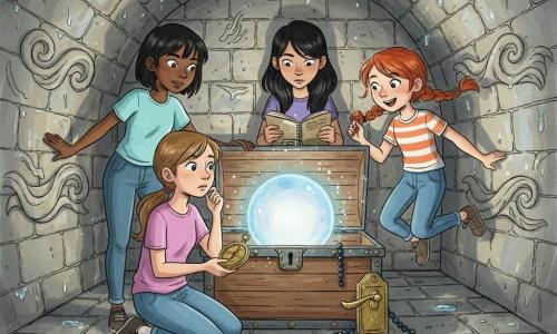 Quatre filles dans une petite salle de pierre sous un phare à voûte basse et murs gravés : Élise (~11 ans), cheveux châtain clair en queue basse, à genoux devant un coffre ouvert, pose une vieille boussole sur le couvercle ; Salomé (~12 ans), cheveux noirs courts, debout à gauche, posture protectrice, main sur le bord du coffre ; Nora (~10 ans), cheveux roux en tresses, à droite, saute de joie éclairée par la lueur ; Jade (~11 ans), cheveux noirs longs lâchés, derrière le coffre, penchée pour lire un carnet à la lueur. Du coffre s'élève une lumière nacrée comme une perle de lune qui révèle un carnet, une longue-vue en laiton et une poignée en bronze ; l'atmosphère est mystérieuse mais chaleureuse, avec ombres nettes, reflets humides sur la pierre et expressions de surprise, solidarité et émerveillement.