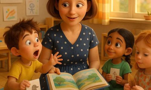 Une institutrice souriante et bienveillante, cheveux châtain clair au carré, porte une robe bleu marine et tient un grand livre d'images ouvert sur ses genoux, elle dit doucement "je ne sais pas" comme invitation ; les enfants forment un cercle chaleureux sur un tapis coloré — Tom, 6 ans, cheveux bruns en bataille et t-shirt jaune, tend la main vers le livre en tenant un dessin d'oiseau ; Lina, 6 ans, tresses noires et robe verte, regarde la maîtresse les yeux brillants en tenant une petite carte ; Marion, 5–7 ans, cheveux roux et blouse à fleurs, examine une plume en papier ; la classe, avec tables basses, posters d'oiseaux et grande fenêtre laissant entrer un soleil doré, dégage une ambiance de découverte partagée et de respect, carnets et crayons dispersés.