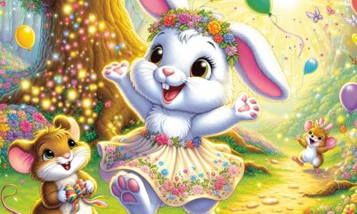 Dans une clairière enchantée, Léo, un jeune lapin aux grandes oreilles et à la fourrure blanche, saute de joie avec un visage rayonnant. Il porte un petit chapeau de fête et tient une invitation brillante. À ses côtés, Mina, une petite souris espiègle avec un pelage brun, danse joyeusement, souriante, vêtue d'une robe en fleurs et agitant des guirlandes scintillantes. Le décor magique comprend un grand chêne décoré, des ballons flottants et des fleurs multicolores. La scène montre Léo et Mina préparant une fête d'anniversaire joyeuse entourés de leurs amis animaux, remplie de rires et de couleurs.