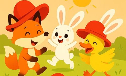 Un renard espiègle au pelage orange vif et portant un chapeau rouge trop grand sourit en tenant un ballon rouge. À ses côtés, un lapin aux grandes oreilles blanches saute de joie, tandis qu'un canard aux plumes jaunes essaie de porter le chapeau. Une petite souris grise sort d'un buisson avec un sourire malicieux, tenant également le ballon. Le décor est un pré verdoyant, rempli de fleurs colorées et baigné par la lumière dorée du soleil couchant, où les amis rient et jouent autour du ballon.