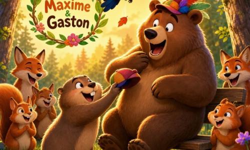 Maxime, une marmotte ronde et duveteuse sourit en tendant une casquette colorée ornée de plumes vers son ami ; Gaston, un grand ours brun au pelage épais, est assis sur un banc à droite avec la casquette sur la tête, riant aux éclats. Lili la pie vole au‑dessus en laissant tomber une feuille, tandis qu'écureuils et renards forment un demi‑cercle derrière le banc en faisant des grimaces. La clairière, baignée de lumière dorée du coucher de soleil, présente herbe verte, fleurs violettes, champignons rouges et grands arbres à troncs texturés ; au sol un logo joyeux fabriqué de feuilles, bâtons et fleurs est posé devant le banc. Atmosphère chaleureuse, couleurs saturées, ombres longues et reflets brillants sur poils et plumes, composition centrée sur l'instant du rire de Gaston, style graphique moderne aux textures lisses et palette vive, accessible aux enfants.
