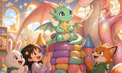 Léo, petit dragon mâle de la taille d'un chien aux écailles vert menthe pailletées et yeux brillants, sourit fièrement assis au sommet d'un château de coussins colorés en tenant une étoile en peluche; sa maman, grande et douce aux écailles irisées rose doré, pose une aile protectrice sur son épaule; trois amis (un lapin en peluche animé, une petite fille et un garçon renard) applaudissent en bas dans une salle de jeux lumineuse aux murs nuageux, mobiles d'étoiles et lumière dorée — moment de triomphe chaleureux, ambiance pastel et sécurisante.