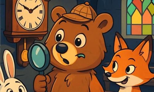 Un ours nommé Max, aux poils bruns et soyeux, se tient au centre de la scène, les yeux brillants d'excitation, portant un chapeau de détective et tenant une loupe, scrutant une vieille horloge en bois. À ses côtés, une renarde nommée Lily, avec un pelage orange vif et un sourire espiègle, observe la scène. Un lapin nommé Hugo, aux grandes oreilles et au pelage blanc, se tient en retrait, l'air inquiet mais curieux, regardant l'horloge avec surprise. L'intérieur de l'église est sombre et mystérieux, avec des bancs en bois usés et des rayons de lumière filtrant à travers les vitraux colorés. Max et ses amis découvrent que l'horloge s'est arrêtée, entourés d'une atmosphère d'aventure et de mystère, prêts à résoudre l'énigme.