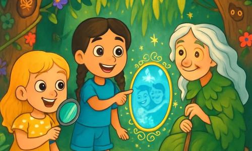 Il y a trois personnages : Lucie, une fille de 10 ans aux cheveux dorés, portant une robe jaune à pois blancs, se tient à gauche avec une loupe. Amaya, aussi âgée de 10 ans, a des tresses brunes et porte un t-shirt bleu et un short en jean, se trouvant au centre, souriante, pointant un chemin mystérieux. La Dame des Bois, une femme âgée aux cheveux argentés, habillée d’un manteau de feuilles et de mousse, est à droite, assise sur une souche avec une canne en bois. L'action se déroule dans une forêt magique, remplie d'arbres immenses et de fleurs colorées, où Lucie et Amaya découvrent le Miroir des Songes derrière un saule. Le miroir scintille, reflétant des images de rires et d’amitié, tandis que la Dame des Bois les observe avec bienveillance.