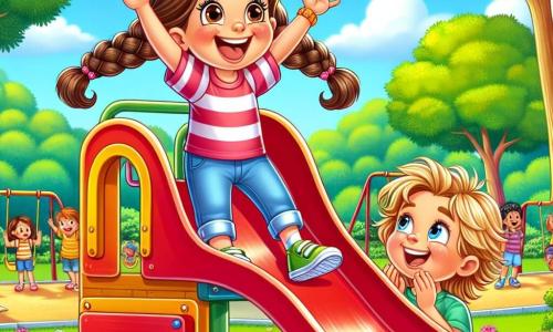 Maëlys, une fille de 8 ans, souriante et pleine d'énergie, se tient au sommet d'un toboggan rouge, levant les bras en riant. À côté d'elle, son petit frère Lucas, 5 ans, applaudit avec enthousiasme. Le parc est verdoyant avec de grands arbres, des fleurs colorées et un ciel bleu clair. D'autres enfants jouent sur des balançoires et des structures de jeux. Maëlys s'apprête à glisser sur le toboggan, tandis que Lucas l'encourage avec un sourire. L'atmosphère est joyeuse, capturant l'esprit d'une journée d'aventure entre frères et sœurs.