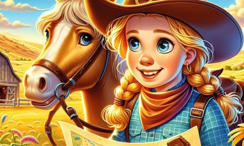 Lou, une jeune cow-girl déterminée, porte un grand chapeau de cowboy et des bottes en cuir brun. Ses cheveux blonds sont en nattes, et son visage est illuminé par un sourire d'excitation. Elle tient une carte, scrutant le sol avec curiosité. À ses côtés, Biscotte, son cheval au pelage doré, se tient prêt à l'aventure. Le décor est un ranch pittoresque avec une écurie en bois et des champs de fleurs sauvages. Au loin, des collines dorées se dessinent sous un ciel bleu. Lou examine des traces mystérieuses sur le sol, prête à découvrir un trésor caché, tandis que Biscotte semble impatient de partir à l'aventure.