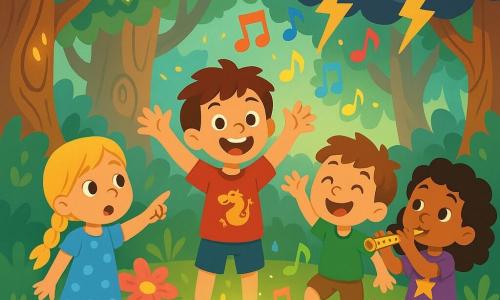 Quatre enfants se retrouvent dans une forêt enchantée : Lucas, 8 ans, au centre avec un t-shirt rouge et un grand sourire ; Clara, 7 ans, à gauche, avec une robe bleue, pointant une source scintillante ; Tom, 6 ans, à droite, en short vert, sautant de joie ; et Mia, 7 ans, en arrière, tenant une flûte en or. La forêt est magique, avec de grands arbres aux feuilles brillantes et des fleurs colorées autour d'une source d'eau cristalline. Les enfants, unis, sont déterminés à repousser un nuage sombre menaçant, tandis que des notes de musique colorées illuminent la scène.