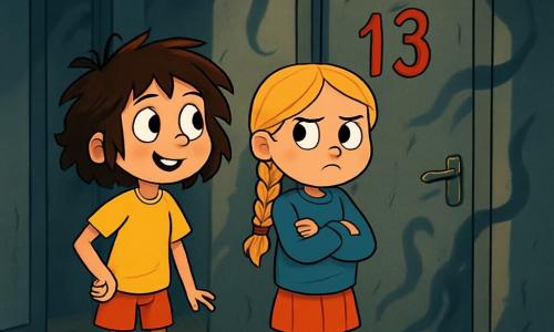 Il y a deux personnages principaux : Zoé, une fille de 10 ans aux cheveux bruns en bataille et au t-shirt jaune vif, se tient à gauche, curieuse devant une porte mystérieuse. Manon, également âgée de 10 ans, a des cheveux blonds tressés, porte des chaussettes dépareillées et un pull bleu, et se trouve à droite, les bras croisés avec une expression d'inquiétude. La scène se déroule dans un couloir d'école sombre et poussiéreux, avec des murs gris et une lumière tamisée. Au fond, une porte grise, légèrement cabossée, porte le numéro 13 en rouge vif. Des ombres dansent sur les murs, créant une atmosphère mystérieuse. Zoé et Manon hésitent à ouvrir la porte 13, tandis qu'un courant d'air glacial la fait grincer et que des ombres étranges semblent se mouvoir autour d'elles, ajoutant du suspense.