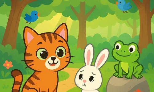 Un chat nommé Félix, aux poils doux et rayés de noir et orange, se tient au centre de la scène avec un regard curieux et joyeux. À côté de lui, un lapin nommé Théo, aux grandes oreilles et à la fourrure blanche, regarde timidement autour de lui, inquiet. Un peu plus loin, une grenouille verte nommée Léon, avec un sourire fier, se tient sur une pierre, prête à sauter. La scène se déroule dans une forêt enchantée, avec des arbres majestueux et des fleurs colorées. Félix et Théo découvrent un chemin mystérieux, tandis que Léon se prépare à montrer ses talents de saut. L'atmosphère est pleine d'aventure et de camaraderie, avec des couleurs vives et des expressions joyeuses.