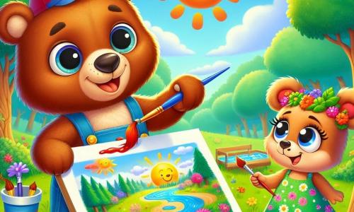 Petit Ours nommé Oscar, un ours brun aux grands yeux ronds et un sourire éclatant, peint un paysage ensoleillé sur une grande feuille blanche. Il porte un chapeau rouge et un short bleu, affichant une expression joyeuse et concentrée. À côté de lui, Zoé, une petite ourse en robe verte à fleurs avec des couettes, admire son œuvre, prête à peindre son propre dessin. La scène se déroule dans un atelier de peinture en plein air, entouré d'arbres aux feuilles brillantes et de fleurs colorées, avec des pots de peinture vifs sur une table en bois, sous un ciel bleu clair. Oscar et Zoé s'amusent à créer des œuvres d'art ensemble dans une ambiance joyeuse et amicale.