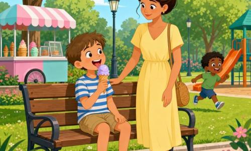 Garçon de 8 ans souriant, cheveux châtain clair courts, assis sur un banc en bois en train de lécher une glace lavande pâle, t-shirt rayé bleu et blanc, short kaki et chaussures rouges; sa mère d'environ 35 ans, visage doux, cheveux bruns en chignon et robe jaune, debout la main sur le dossier, le regarde avec bienveillance; en arrière-plan un garçon de 4 ans aux boucles noires joue et rit près d’un toboggan orange; parc enherbé lumineux avec arbres arrondis, allée pavée, lampadaires vintage et stand de glaces pastel; moment d’après-midi d’été joyeux et calme, palette pastel saturée, formes simples, contours nets et atmosphère douce, adaptée aux enfants.