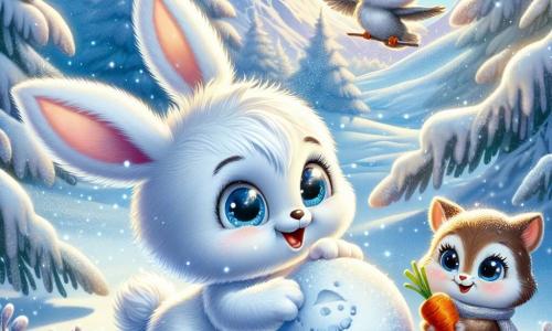 Flocon, un petit animal aux grandes oreilles et au pelage blanc, construit un bonhomme de neige dans une clairière ensoleillée. Il a des yeux pétillants de joie et un large sourire, tandis qu'il roule une boule de neige. À côté de lui, Gracie, une lapine aux grandes oreilles et au pelage brun, saute de joie en tenant une carotte pour le nez du bonhomme. Hugo, un hibou sage avec des plumes grises et des lunettes rondes, est perché sur une branche, observant ses amis avec tendresse. La scène se déroule dans une forêt enchantée, avec des flocons de neige tombant doucement et un sol recouvert d'une épaisse couche de neige scintillante. Flocon et ses amis partagent des rires et des moments de bonheur en cette belle journée d'hiver.