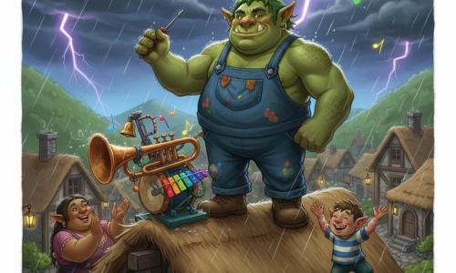 Un ogre mâle grand et rondelet à la peau verte veloutée, cheveux mousseux, sourire confiant et yeux pétillants, fixe fièrement sur son toit une machine bricolée. Il porte une salopette en toile bleu foncé couverte de taches, de grosses bottes en cuir et tient un tournevis rouillé. En bas, sur la place à gauche, une ogresse adulte ronde et souriante à la peau olive et cheveux tressés applaudit. À droite, un petit ogre d'environ 8 ans aux dents manquantes et chemise rayée saute de joie sous la pluie, les bras levés. Le village compte des maisons en pierre aux toits touffus, ruelles pavées brillantes de pluie, lampes à huile scintillantes et collines verdoyantes en arrière-plan. Sur le toit, l'Attrape-Tonnerre est un assemblage coloré de trompette rouillée, tambour cabossé et xylophone arc-en-ciel, câbles brillants et petites cloches. Le ciel dramatique, nuageux avec éclairs violets et grosses gouttes lumineuses, accompagne l'instant où la machine transforme un coup de tonnerre en une douce mélodie de notes colorées qui s'envolent au-dessus du village.