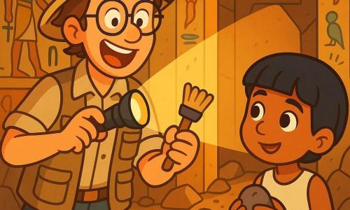 Lucas, un archéologue d'une trentaine d'années avec des cheveux bruns en désordre et des lunettes, exprime excitation et curiosité. Vêtu d'une chemise beige, d'un gilet à poches et d'un chapeau de paille, il tient une lampe de poche et une brosse, prêt à explorer une tombe ancienne. À ses côtés, Ali, un garçon égyptien de 8 ans aux cheveux noirs et aux yeux brillants, l'admire tout en tenant une petite pierre trouvée. La scène se déroule dans une tombe égyptienne ornée de hiéroglyphes et de sculptures. La lumière de la lampe éclaire des débris et des objets mystérieux. Lucas découvre une entrée secrète, surpris, tandis qu'Ali semble inquiet et fasciné par cette aventure.