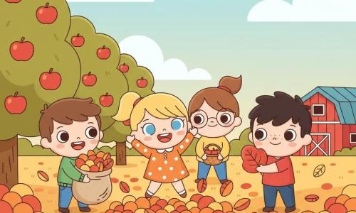Quatre enfants dans un verger d'automne : Léo, ~8 ans, cheveux bruns courts, pull vert et jean, tient un grand sac de feuilles multicolores et sourit à gauche ; Mia, ~7 ans, cheveux blonds en couettes, robe orange à pois, saute dans un tas de feuilles au centre en riant ; Tom, ~6 ans, cheveux noirs en bataille et taches de rousseur, T‑shirt rouge, montre une grosse feuille rouge à droite ; Éva, ~8 ans, cheveux châtains attachés, lunettes, sweat jaune, tient un petit panier de pommes derrière Mia avec un regard bienveillant. Décor : verger et jardin d'une ferme en automne, sol couvert de feuilles orange, rouges et jaunes, pommiers chargés en arrière‑plan, petite grange rouge à droite, ciel pâle, lumière douce de fin d'après‑midi. Scène joyeuse : enfants jouant avec des feuilles et cueillant des pommes, tas de feuilles au centre, paniers de pommes, style kawaii minimal avec formes arrondies et couleurs vives.