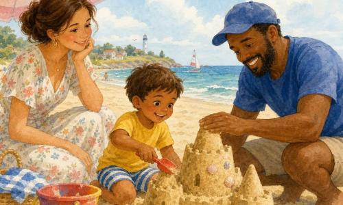 Un garçon de 4 ans joyeux aux cheveux bruns courts en short rayé et t-shirt jaune construit un grand château de sable avec une petite pelle rouge; son père barbu en t-shirt bleu et casquette, accroupi à droite, l'aide en tapotant les tours, tandis que la mère aux cheveux châtain attachés en robe légère à fleurs est assise sous un parasol rayé rose et blanc à gauche, souriante; plage large et dorée avec coquillages et seau coloré, vagues calmes et ciel clair, atmosphère détendue et lumière douce d'été.