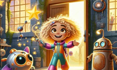 Lila, une fille de 7 ans aux cheveux bouclés et dorés, porte une combinaison futuriste colorée et sourit d'excitation. Elle tient un petit drone en forme d'étoile filante, nommé Astro, qui virevolte autour d'elle. À ses côtés se trouve un robot amical, le Gardien des Secrets, légèrement rouillé mais aux yeux pétillants, qui lui montre une grande porte mystérieuse. L'action se déroule dans un vieux bâtiment abandonné aux murs en briques recouverts de lierre et aux grandes fenêtres brisées laissant passer des rayons de lumière dorée. À l'intérieur, des machines scintillantes et des hologrammes flottent, créant une atmosphère magique. Lila, pleine de curiosité, est prête à résoudre des énigmes pour découvrir le secret d'un projet lumineux qui pourrait sauver sa ville futuriste, tandis que le Gardien des Secrets l'encourage.