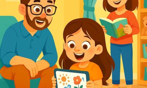 Émilie, une petite fille de 8 ans aux longs cheveux bruns et aux yeux curieux, est assise sur un tapis coloré dans le salon, souriant avec émerveillement en tenant une tablette lumineuse. Son papa, un homme d'une trentaine d'années avec des lunettes et une légère barbe, l'observe avec fierté, tandis que sa maman, une femme d'environ 30 ans aux cheveux châtains, se tient près d'une étagère avec un livre illustré. Le salon est lumineux et accueillant, avec des murs jaunes pastel et des coussins colorés. Émilie découvre sa tablette pour la première fois, fascinée par ses possibilités créatives, entourée de l'amour de ses parents.