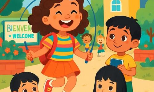 Lina, une fille de 8 ans aux cheveux bruns et bouclés, porte un cartable rouge et un t-shirt à rayures colorées. Elle sourit joyeusement en sautant à la corde dans une cour d'école ensoleillée. À côté, Amir, un garçon de 7 ans aux cheveux noirs et à la peau olive, tient un carnet bleu et l'observe avec admiration. Mei, une fille de 8 ans aux cheveux raides et noirs, est assise sur le sol avec un pinceau d'eau, prête à dessiner des caractères chinois. La cour, entourée de murs colorés, est animée par d'autres enfants jouant et riant. Au fond, un panneau affiche des mots de bienvenue en plusieurs langues. L'ensemble montre Lina et ses amis s'apprêtant à créer une chanson en mélangeant leurs langues et cultures, dans un esprit de tolérance et d'amitié.