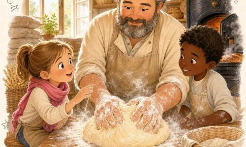 Un boulanger aux traits ronds et barbu, cheveux poivre et sel, expression douce, portant une blouse beige farinée et un tablier en lin, pétrit une grande pâte moelleuse sur une table en bois, les mains couvertes de farine et des nuages de poussière blanche flottant autour; une fillette de 8 ans, Lila, cheveux châtain clair en queue de cheval, écharpe rose, yeux brillants, perchée sur un petit tabouret à gauche, tend la main pour sentir la pâte sans la toucher et regarde émerveillée; en arrière-plan une fenêtre ouverte laisse entrer une lumière douce du matin, des sacs de farine empilés, une grande ardoise noire avec la liste du jour, un four en fonte noir à droite entrouvert laissant échapper une légère vapeur et des paniers en osier poudrés de farine; scène chaleureuse aux couleurs ocres et miel, textures bois grainé, farine poudreuse et pâte humide visibles, style naïf et joyeux, composition centrée sur les mains du boulanger et le visage émerveillé de la fille, le boulanger montre au garçon et à la fille en s'adressant à la fille, avec une petite boîte de sel, des graines de tournesol prêtes à saupoudrer et une croûte dorée en formation dans le four, et un overlay de doodles (petites notes, flèches, étoiles et mots à la craie comme respire, repos) pour renforcer l'aspect pédagogique et enfantin.
