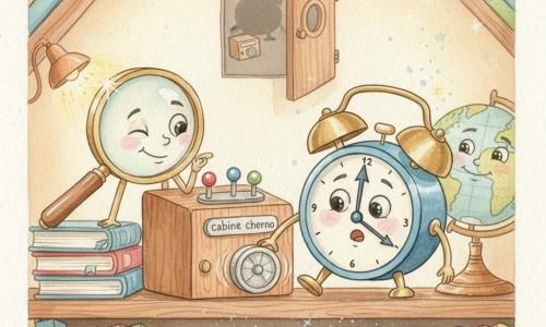 Rémi, petit réveil anthropomorphe en métal bleu et laiton, rond avec deux aiguilles expressives et de petites roulettes, sourit timidement, les yeux grands et un peu nerveux, la patte posée sur la molette brillante d'une cabine chrono en bois (taille boîte à chaussures) équipée de leviers colorés; une loupe anthropomorphe au manche en bois cligne de l'œil et se penche malicieusement sur les livres à gauche, un petit globe peint tourne lentement à droite, et l'étagère encombrée — livres alignés, une loupiote diffusant une lumière chaude et une poussière scintillante — encadre la scène où Rémi hésite à tourner la molette, dans une atmosphère douce, curieuse et magique.