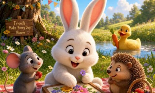 Un petit lapin blanc duveteux aux grandes oreilles roses, yeux brillants et sourire émerveillé, est assis sur une couverture à carreaux en train de composer un tableau de fleurs colorées avec ses pattes; à gauche, une petite souris grise aux joues roses tient une baie et l'admire, à droite un hérisson brun portant un panier de baies se tient près d'un panier ouvert, et à l'arrière-plan un canard jaune flottant dans une petite mare tient une carotte; la scène se situe dans une prairie ensoleillée au milieu d'une forêt avec herbe ondulée, fleurs sauvages, un grand chêne décoré de guirlandes, ciel bleu et lumière dorée d'après-midi; ambiance joyeuse de pique-nique d'été, couleurs vives, textures pelucheuses, lumières chaudes et ombres douces, composition claire et adaptée aux enfants.