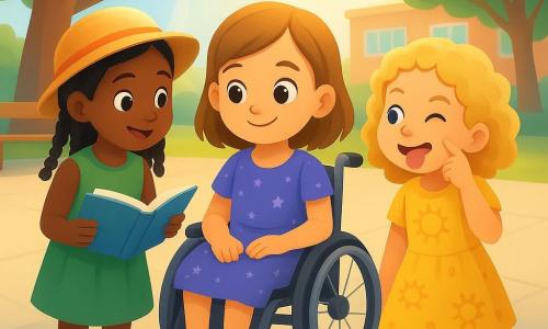 Dans une cour d'école ensoleillée, trois filles de 7 ans préparent un spectacle sur les couleurs et les différences. Lina est au centre, assise dans un fauteuil roulant, portant une robe violette à motifs d'étoiles. Awa, à gauche, tient un livre ouvert, vêtue d'une robe verte et d'un chapeau de paille. Zoé, à droite, fait une grimace amusante, habillée d'une robe jaune à motifs de soleil. Elles sont entourées de feuilles de papier colorées, de morceaux de tissu et d'objets divers. L'ambiance est joyeuse et collaborative, avec des expressions de concentration et de plaisir.