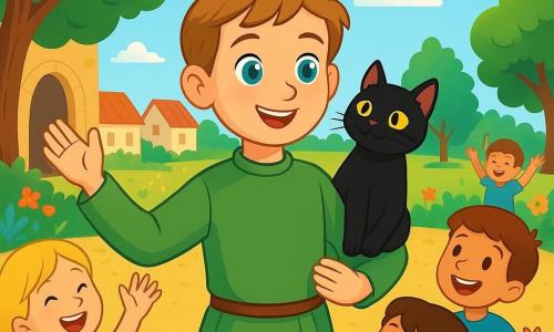 Un jeune prince aux yeux brillants, vêtu d'une tunique verte, se tient au centre de l'image, souriant et saluant une foule de villageois avec grâce. À ses côtés, un chat noir aux yeux dorés observe avec curiosité. En arrière-plan, une cour ensoleillée, ornée de fleurs colorées et de grands arbres, se trouve sous un ciel bleu. Des enfants jouent autour, leurs visages rayonnants de joie. La scène évoque un moment magique où le prince partage une douce mélodie, apportant bonheur et harmonie à tous.