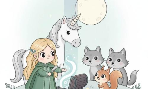Lysia, jeune fille au sourire ébloui, tend la main vers un petit coffre ouvert; elle porte une longue robe verte brodée d’argent, cape verte et plume argentée, cheveux dorés ondulés; derrière elle, Lira, une grande licorne blanche à crinière argentée, penche le museau vers le coffre; Plumette, petit écureuil roux, est assise sur une pierre, tandis que trois loups gris forment un demi-cercle respectueux; la scène se déroule dans une vallée suspendue sous une pleine lune, herbes argentées et fleurs phosphorescentes, rochers en marches et un rayon de lune exact frappant le coffre en bois sombre gravé d’une lune d’où jaillit une lumière pure qui illumine les visages émerveillés.