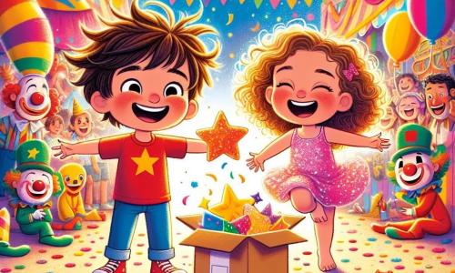 Léo, un garçon de 7 ans avec des cheveux en bataille et un t-shirt rouge, se tient au centre, les bras ouverts et souriant. À sa droite, Mia, une fille de 6 ans en robe rose scintillante, saute de joie avec un bonbon en forme d’étoile. Le décor est une rue animée de Carnaval, ornée de guirlandes colorées et de ballons. Des clowns jonglent en arrière-plan, tandis que des confettis tombent. La scène montre Léo et Mia découvrant une grande boîte en carton remplie de jouets et de bonbons, illustrant l'esprit festif du carnaval.
