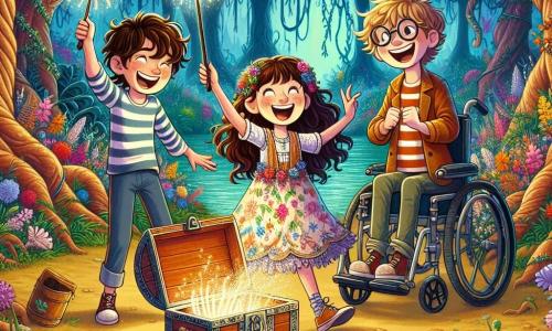 Dans une clairière magique, trois amis se tiennent au centre de l'image. Léa, 8 ans, avec de longs cheveux bouclés et une robe colorée, sourit en tenant une baguette scintillante. À sa droite, Tom, 9 ans, avec des cheveux blonds en bataille et un t-shirt rayé, danse joyeusement. À gauche, Hugo, 10 ans, aux cheveux bruns et portant des lunettes, est assis dans son fauteuil roulant, riant tout en tenant un livre de sorts. La clairière est entourée d'arbres épais et de fleurs colorées, créant une ambiance enchantée. Un vieux coffre en bois, légèrement ouvert, laisse entrevoir des objets magiques. Les amis viennent de transformer un caillou en une gigantesque sucette multicolore, tandis que des bulles de magie flottent autour d'eux.
