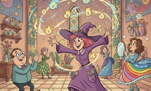 Zoé, sorcière adulte aux cheveux roses en bataille, grand chapeau de travers et robe violette aux poches pleines de bibelots, tend les bras pour attraper des feux follets lumineux dorés et bleus; à gauche Simon, maire jovial d'environ 45 ans au visage rond et lunettes, tape des mains pour diriger les esprits vers elle; derrière, Lila, jeune sorcière en robe verte feuille, range des plumes de phénix, tandis qu'Iris, sorcière d'âge moyen en robe arc-en-ciel, tient un miroir enchanté qui répand des éclats colorés près d'une colonne, et Saphira, pétillante en robe bleue couverte de bulles, attrape une fiole volante depuis une marche; le tout se déroule dans un grand hall de mairie enchantée aux fresques colorées, colonnes sculptées, étagères de fioles et sol en carreaux changeant de motifs, dans une atmosphère ludique de chaos joyeux avec objets flottants et mouvements virevoltants.