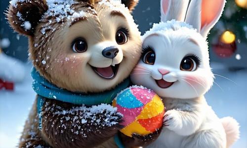 Un ourson nommé Pompom, avec un pelage doux et brun, se tient au centre de l'image, souriant joyeusement tout en frottant un jouet coloré, entouré de flocons de neige. À sa droite, Lili la Lapine, au pelage blanc, admire Pompom en tenant un seau de biscuits de Noël. À sa gauche, Max le Renard, au pelage roux, rit en partageant une blague, tenant une brosse. Le décor est un magasin de jouets chaleureux, rempli de jouets colorés et de guirlandes scintillantes, avec une lumière dorée provenant d'une grande fenêtre. La scène évoque l'esprit de Noël, où Pompom et ses amis nettoient joyeusement les jouets dans une ambiance festive.