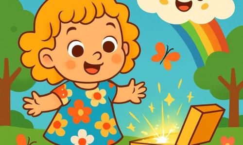 Une petite fille de 2 ans, aux cheveux bouclés et dorés, avec de grands yeux pétillants, se tient dans un jardin ensoleillé. Elle porte une robe à fleurs colorées et sourit devant une boîte brillante. À côté d'elle, un petit nuage arc-en-ciel, amical et espiègle, flotte joyeusement. Le jardin est rempli de fleurs multicolores, de papillons et d'arbres verdoyants, sous un ciel bleu clair. La scène montre la petite fille découvrant la boîte magique, avec le nuage dansant autour d'elle, créant une atmosphère de joie et de surprise.