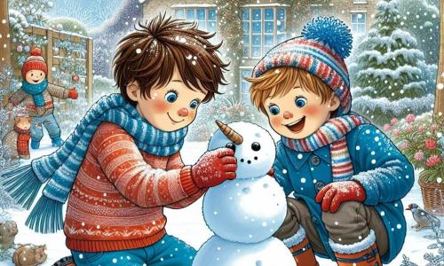 Un garçon de 9 ans, Lucas, avec des cheveux châtains en bataille et des yeux pétillants, construit un bonhomme de neige dans un jardin enneigé. Il porte un pull rouge, un pantalon de neige bleu et un bonnet à pompon, son visage rayonnant d'excitation. À ses côtés, Tom, également âgé de 9 ans, aux cheveux blonds et joues rosies, l'aide en ramassant des boules de neige, riant en lançant une boule vers Lucas. Le jardin est un paysage hivernal enchanteur avec des arbres chargés de neige et des flocons tombant du ciel. La scène montre les deux garçons s'amusant à créer un bonhomme de neige, symbolisant l'amitié et la joie de l'hiver.