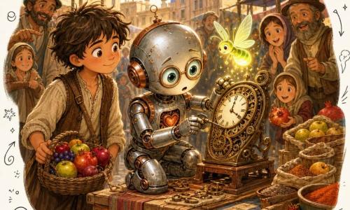 Rafi, un petit automate en métal poli et cuivre au cœur apparent et grands yeux en verre, accroupi pour réparer une vieille horloge à engrenages sur un étal de marché ancien; Lumi, une luciole jaune-vert qui éclaire l'horloge; Émile, garçon d'environ 9 ans en lin beige et gilet brun, souriant et tenant un panier de fruits; autour, marchands et passants en habits d'époque offrant des fruits et observant avec curiosité; décor de marché animé avec étals en bois peints, tissus rayés, caisses de fruits et sacs d'épices sous une lumière solaire dorée, ambiance bienveillante et couleurs chaudes, composition centrée sur Rafi, l'horloge et Lumi dans un style doux et net pour enfants.