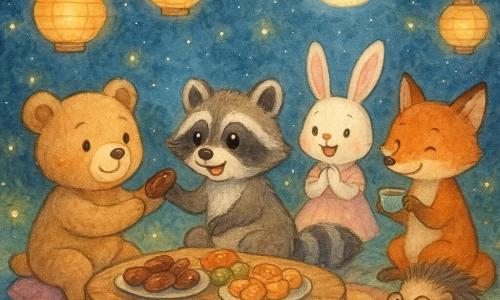 Un petit ours en peluche brun clair souriant tend une datte à Petit Léo, un raton laveur rayé émerveillé, tandis que Lila la lapine blanche applaudit doucement, Max le renard roux rit en tenant une tasse et Ti‑Pic le hérisson curieux est recroquevillé près d'une table basse; la scène se déroule dans une clairière nocturne sous la lune avec tapis, lanternes, lucioles et un repas d'Iftar partagé de dattes, fruits et pâtisseries dans une ambiance chaleureuse et magique.