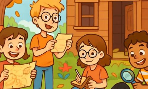 Cinq enfants participent à une chasse au trésor : Lucie, 9 ans, souriante avec des cheveux bruns et un chouchou rouge, tient une carte ; Marius, 10 ans, grand et mince avec des lunettes, lit une énigme ; Adèle, 9 ans, cheveux châtains et lunettes rondes, prend des notes assise sur une couverture ; Thomas, 8 ans, petit et dynamique avec des cheveux bouclés, court autour de la cabane ; Amir, 9 ans, examine une pierre avec une loupe. Ils se trouvent dans une cabane en bois rustique, entourée d'un jardin verdoyant avec des fleurs colorées et des arbres aux feuilles dorées. La scène est joyeuse, les enfants rient et s'amusent, chacun concentré sur sa tâche, parmi des feuilles tombées et des objets cachés.