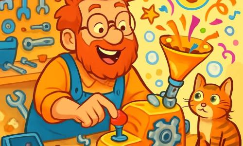 Hector, un homme jovial avec une barbe en bataille et des lunettes rondes, travaille avec enthousiasme sur sa machine à sourires. Son visage rayonne de joie et d'excitation, tandis que son chat Pistache, aux poils tigrés, l'observe curieusement. L'atelier est encombré d'outils colorés, de pièces de métal brillantes et de croquis, créant une ambiance chaotique mais inspirante. Des bulles de savon flottent dans l'air, ajoutant une touche de magie. En appuyant sur un bouton rouge, Hector déclenche une explosion de couleurs, de confettis et de rires, transformant son atelier en un festival de joie.